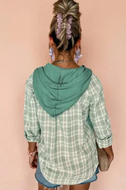 Online Dear-Lover Checkered Print Loose Fit Buttoned Hooded Shacket Green
