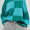 Sale Dear-Lover Checkered Side Slits Drop Shoulder Oversized Sweater Green