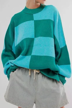Sale Dear-Lover Checkered Side Slits Drop Shoulder Oversized Sweater Green