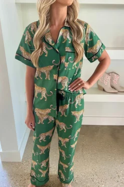 Outlet Dear-Lover Cheetah Print Short Sleeve Shirt and Pants Pajama Set Green