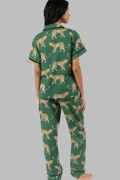 Outlet Dear-Lover Cheetah Print Short Sleeve Shirt and Pants Pajama Set Green