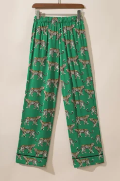 Outlet Dear-Lover Cheetah Print Short Sleeve Shirt and Pants Pajama Set Green