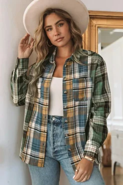 Discount Dear-Lover Chest Pockets Button Up Plaid Shacket Green