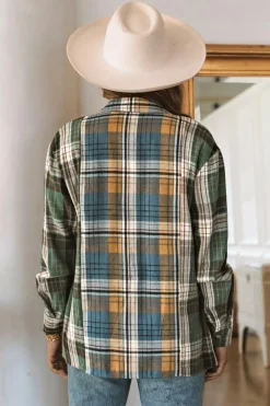 Discount Dear-Lover Chest Pockets Button Up Plaid Shacket Green