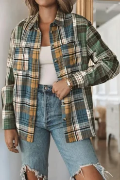 Discount Dear-Lover Chest Pockets Button Up Plaid Shacket Green