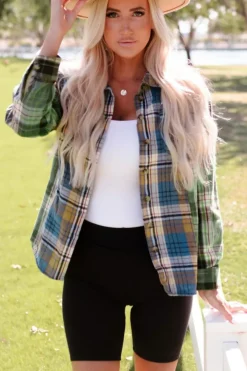 Discount Dear-Lover Chest Pockets Button Up Plaid Shacket Green