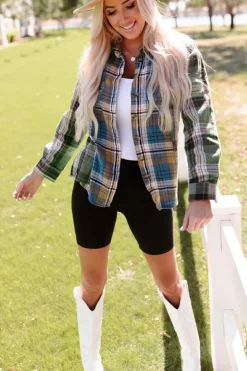 Discount Dear-Lover Chest Pockets Button Up Plaid Shacket Green