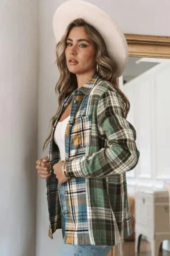 Discount Dear-Lover Chest Pockets Button Up Plaid Shacket Green