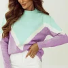 Hot Dear-Lover Chevron Colorblock Ribbed Knit Drop Shoulder Sweater Green