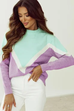 Hot Dear-Lover Chevron Colorblock Ribbed Knit Drop Shoulder Sweater Green