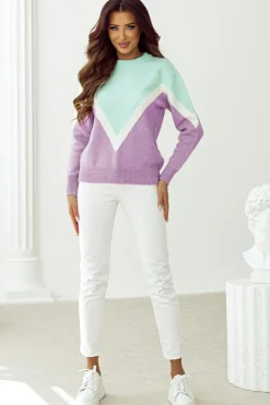 Hot Dear-Lover Chevron Colorblock Ribbed Knit Drop Shoulder Sweater Green