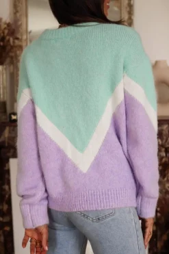 Hot Dear-Lover Chevron Colorblock Ribbed Knit Drop Shoulder Sweater Green