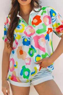 Outlet Dear-Lover Chic Leopard Print Striped Detail Split Neck Blouse Green