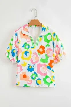 Outlet Dear-Lover Chic Leopard Print Striped Detail Split Neck Blouse Green