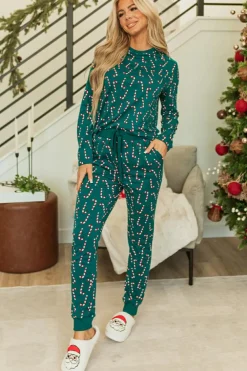 Online Dear-Lover Christmas Candy Cane Printed Top and Pants Lounge Set Green