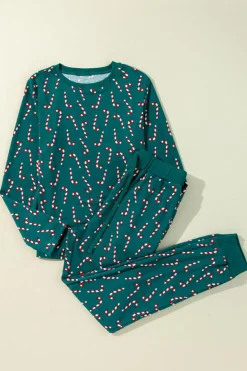 Online Dear-Lover Christmas Candy Cane Printed Top and Pants Lounge Set Green