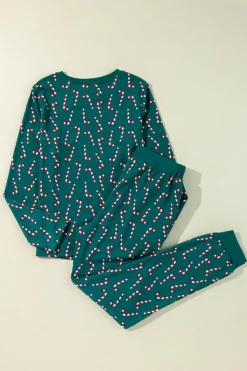 Online Dear-Lover Christmas Candy Cane Printed Top and Pants Lounge Set Green