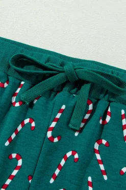Online Dear-Lover Christmas Candy Cane Printed Top and Pants Lounge Set Green
