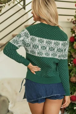 Online Dear-Lover Christmas Snowflake Dotted Print Round Neck Sweater Green