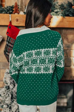Online Dear-Lover Christmas Snowflake Dotted Print Round Neck Sweater Green