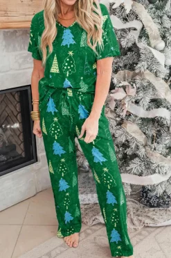 Fashion Dear-Lover Christmas Tree Print V Neck Tee and Pants Lounge Set Green