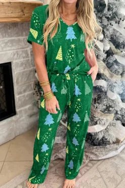 Fashion Dear-Lover Christmas Tree Print V Neck Tee and Pants Lounge Set Green
