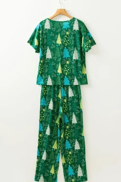 Fashion Dear-Lover Christmas Tree Print V Neck Tee and Pants Lounge Set Green