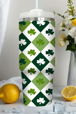 Online Dear-Lover Clover Checkered Print Straw Large Tumbler without Handle 40oz Green
