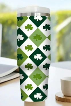 Online Dear-Lover Clover Checkered Print Straw Large Tumbler without Handle 40oz Green
