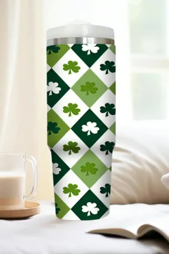 Online Dear-Lover Clover Checkered Print Straw Large Tumbler without Handle 40oz Green