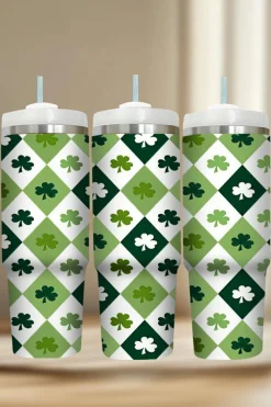Online Dear-Lover Clover Checkered Print Straw Large Tumbler without Handle 40oz Green