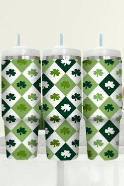 Online Dear-Lover Clover Checkered Print Straw Large Tumbler without Handle 40oz Green