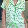 Discount Dear-Lover Clover Printed Short Sleeve and Ruffled Shorts Pajama Set Green