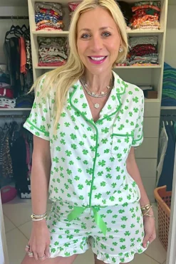 Discount Dear-Lover Clover Printed Short Sleeve and Ruffled Shorts Pajama Set Green