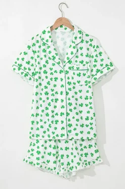 Discount Dear-Lover Clover Printed Short Sleeve and Ruffled Shorts Pajama Set Green