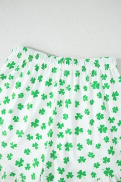 Discount Dear-Lover Clover Printed Short Sleeve and Ruffled Shorts Pajama Set Green