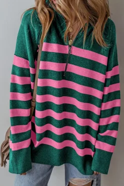 Best Dear-Lover Collared Quarter Zipper Oversized Sweater Green