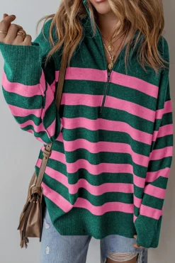 Best Dear-Lover Collared Quarter Zipper Oversized Sweater Green
