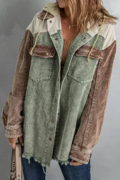 Clearance Dear-Lover Color Block Button Down Hooded Corduroy Jacket Green