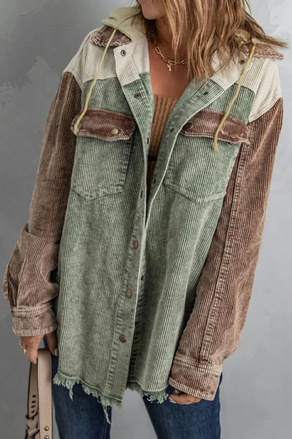 Clearance Dear-Lover Color Block Button Down Hooded Corduroy Jacket Green