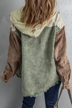 Clearance Dear-Lover Color Block Button Down Hooded Corduroy Jacket Green