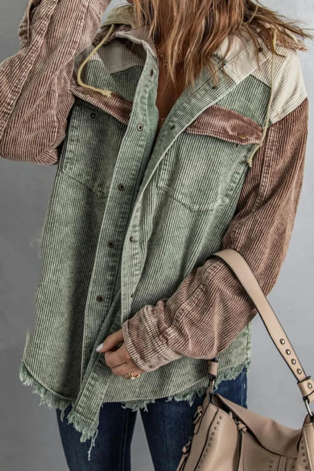 Clearance Dear-Lover Color Block Button Down Hooded Corduroy Jacket Green