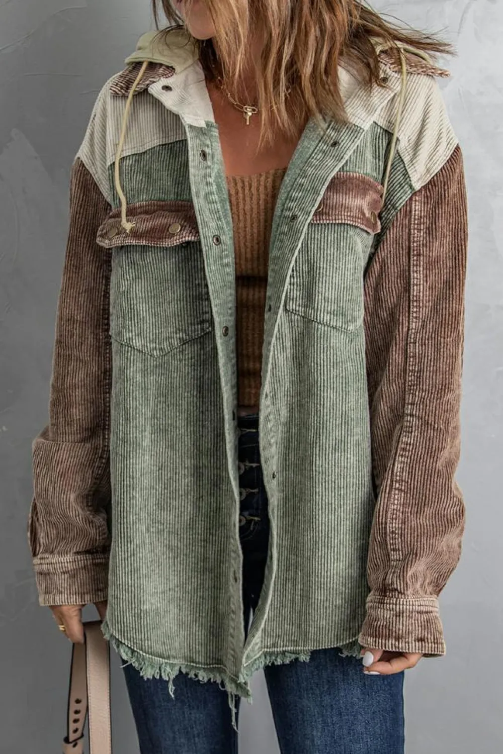 Clearance Dear-Lover Color Block Button Down Hooded Corduroy Jacket Green