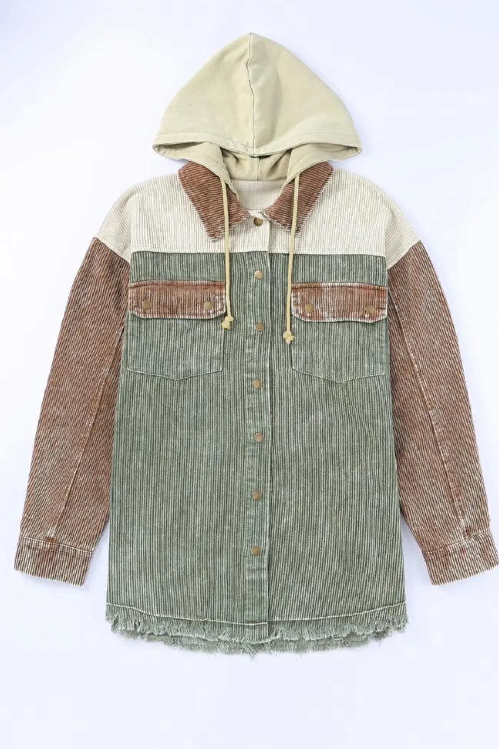 Clearance Dear-Lover Color Block Button Down Hooded Corduroy Jacket Green