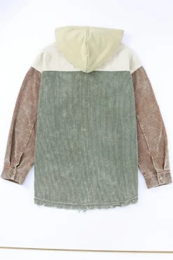 Clearance Dear-Lover Color Block Button Down Hooded Corduroy Jacket Green