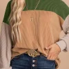 Online Dear-Lover Color Block Long Sleeve Ribbed Loose Top Green