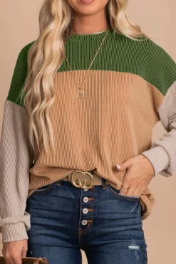 Online Dear-Lover Color Block Long Sleeve Ribbed Loose Top Green