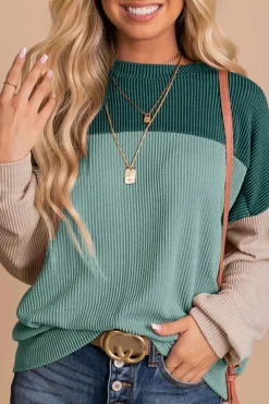 Hot Dear-Lover Green Color Block Long Sleeve Ribbed Loose Top Green-2