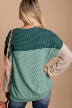 Hot Dear-Lover Green Color Block Long Sleeve Ribbed Loose Top Green-2