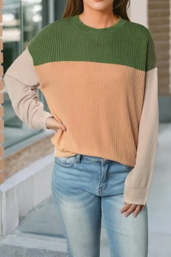 Online Dear-Lover Color Block Long Sleeve Ribbed Loose Top Green